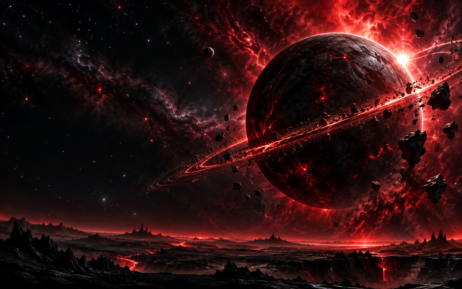 Crimson planet and orbital ring artwork